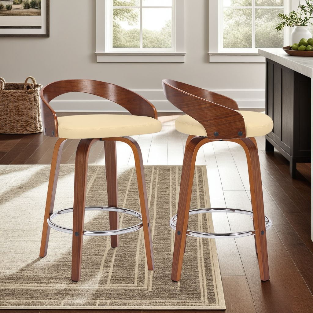 Sonia 26" Counter Height Swivel Cream Faux Leather and Walnut Wood Bar Stool - Set of 2
