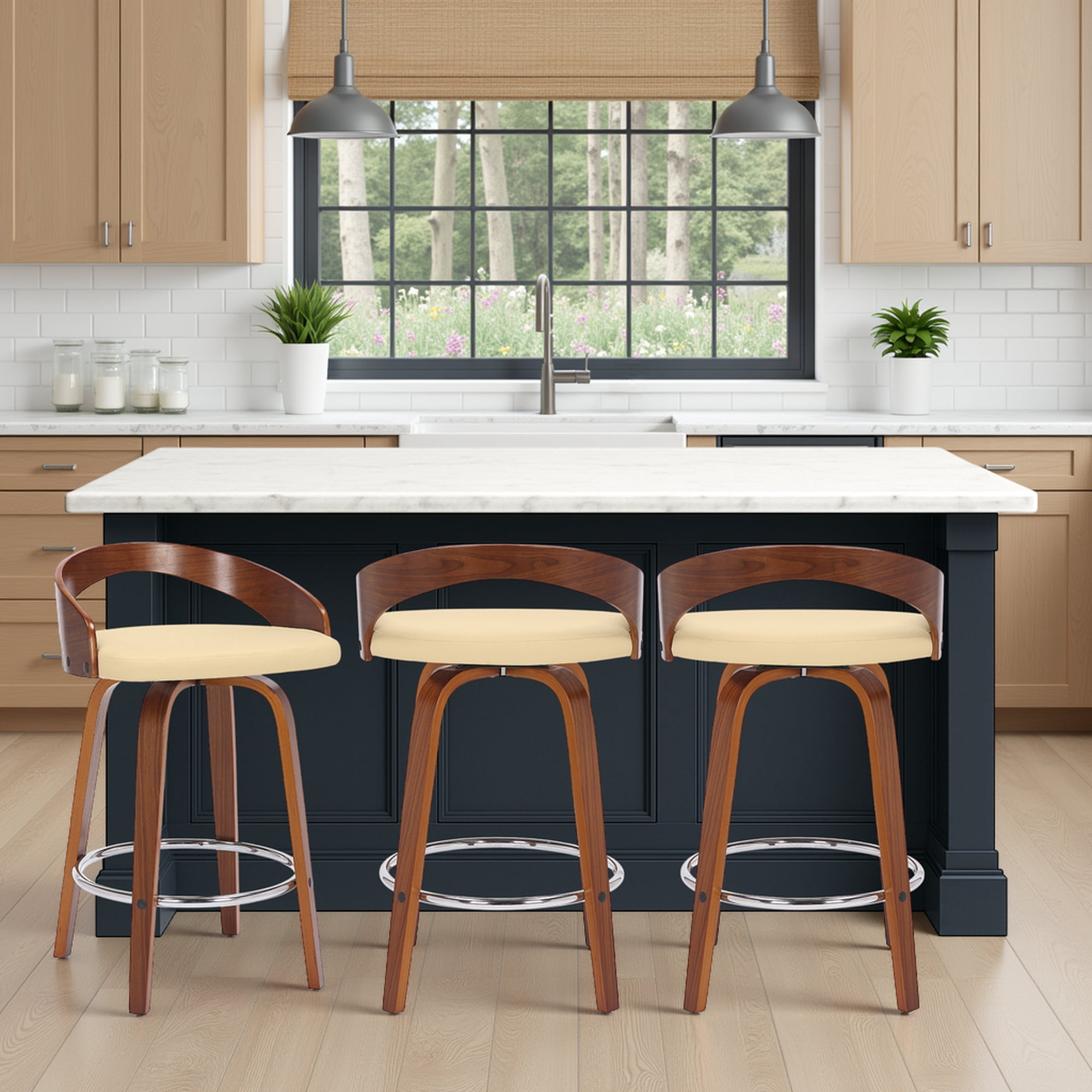 Sonia 26" Counter Height Swivel Cream Faux Leather and Walnut Wood Bar Stool - Set of 3