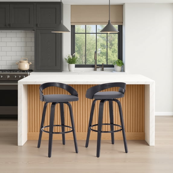 Sonia 26" Counter Height Swivel Gray Faux Leather and Black Wood Bar Stool - Set of 2