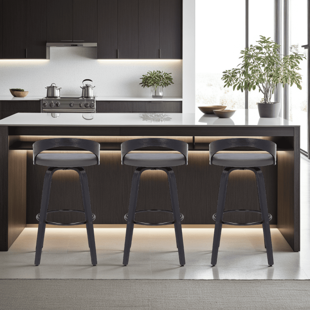 Sonia 26" Counter Height Swivel Gray Faux Leather and Black Wood Bar Stool - Set of 3