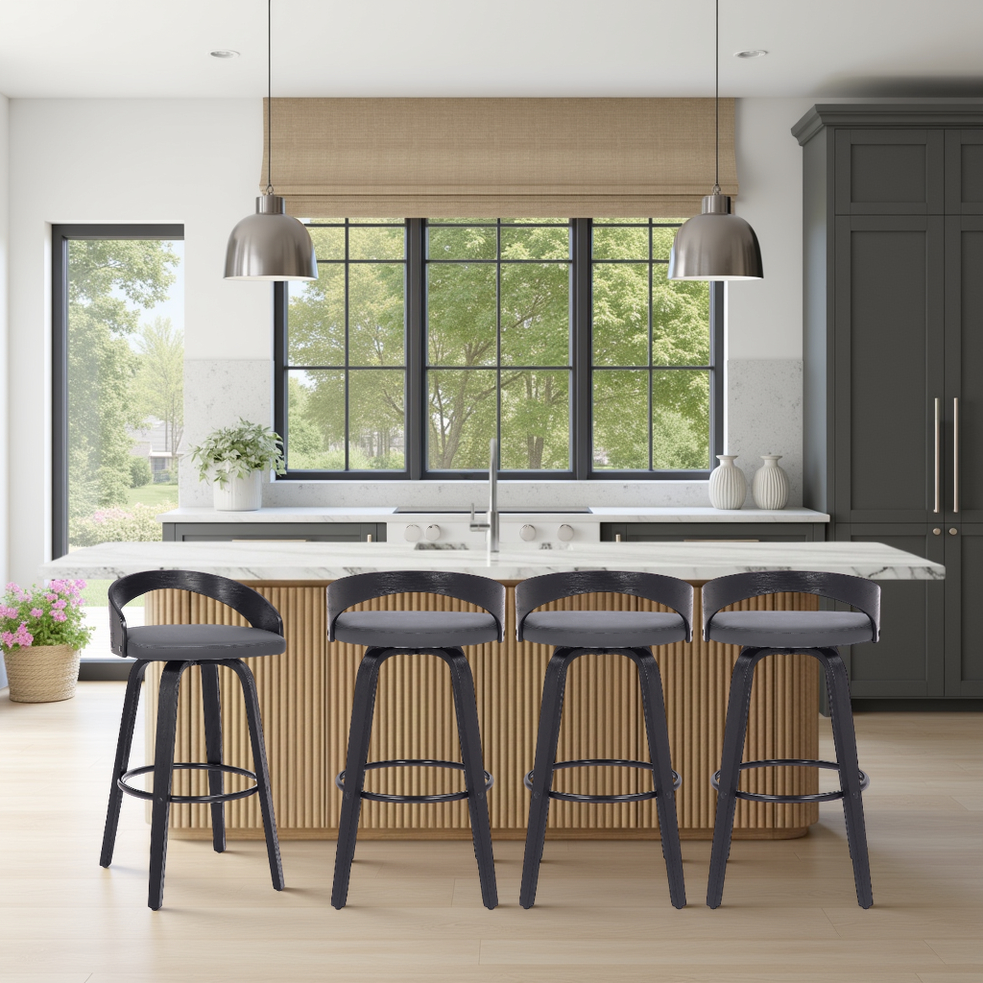 Sonia 26" Counter Height Swivel Gray Faux Leather and Black Wood Bar Stool - Set of 4