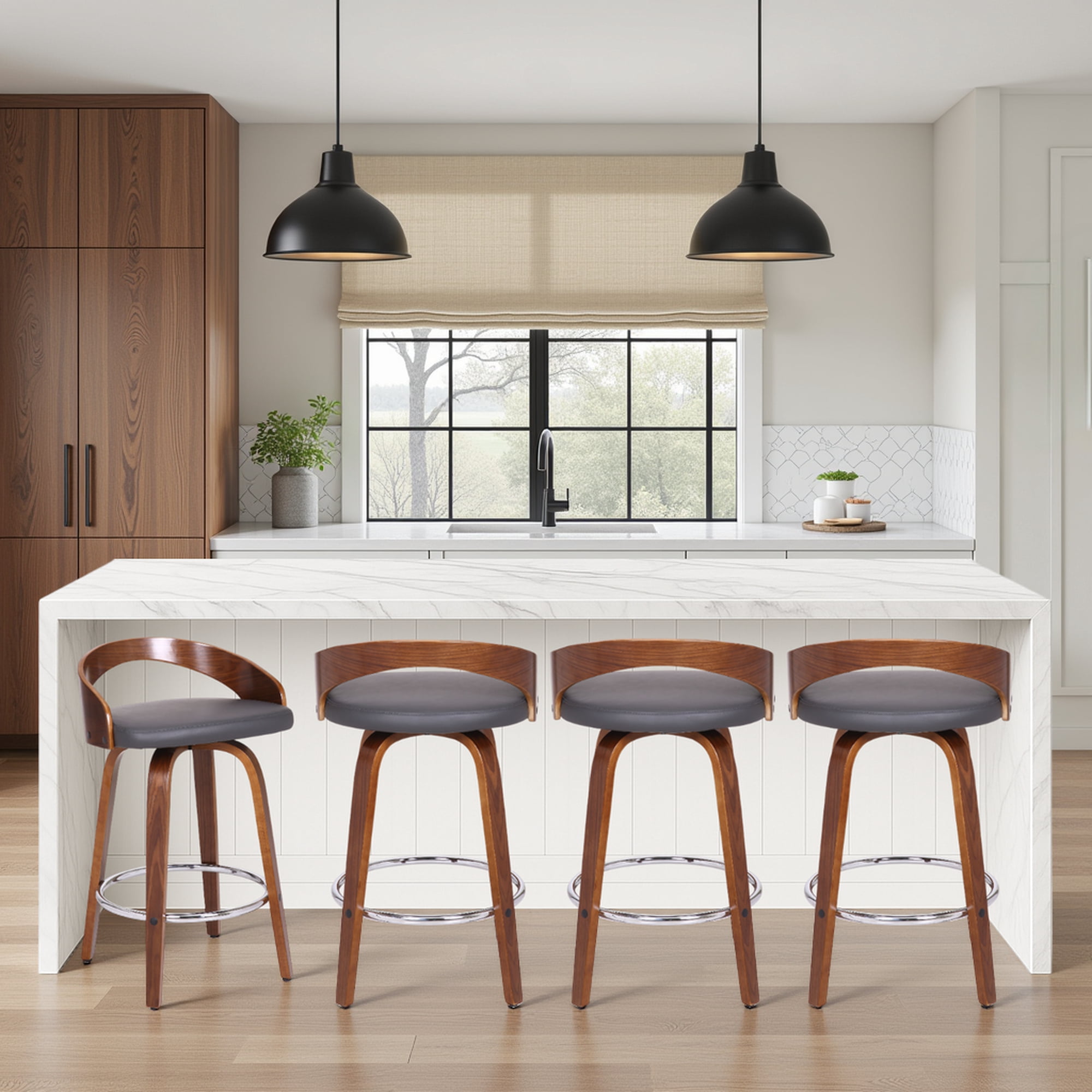 Sonia 26" Counter Height Swivel Gray Faux Leather and Walnut Wood Bar Stool - Set of 4