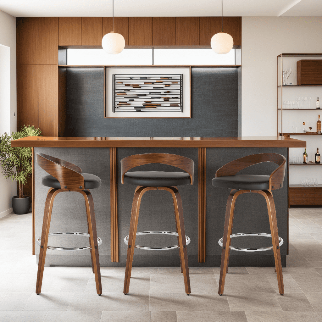 Sonia 30" Bar Height Swivel Brown Faux Leather and Walnut Wood Bar Stool - Set of 3