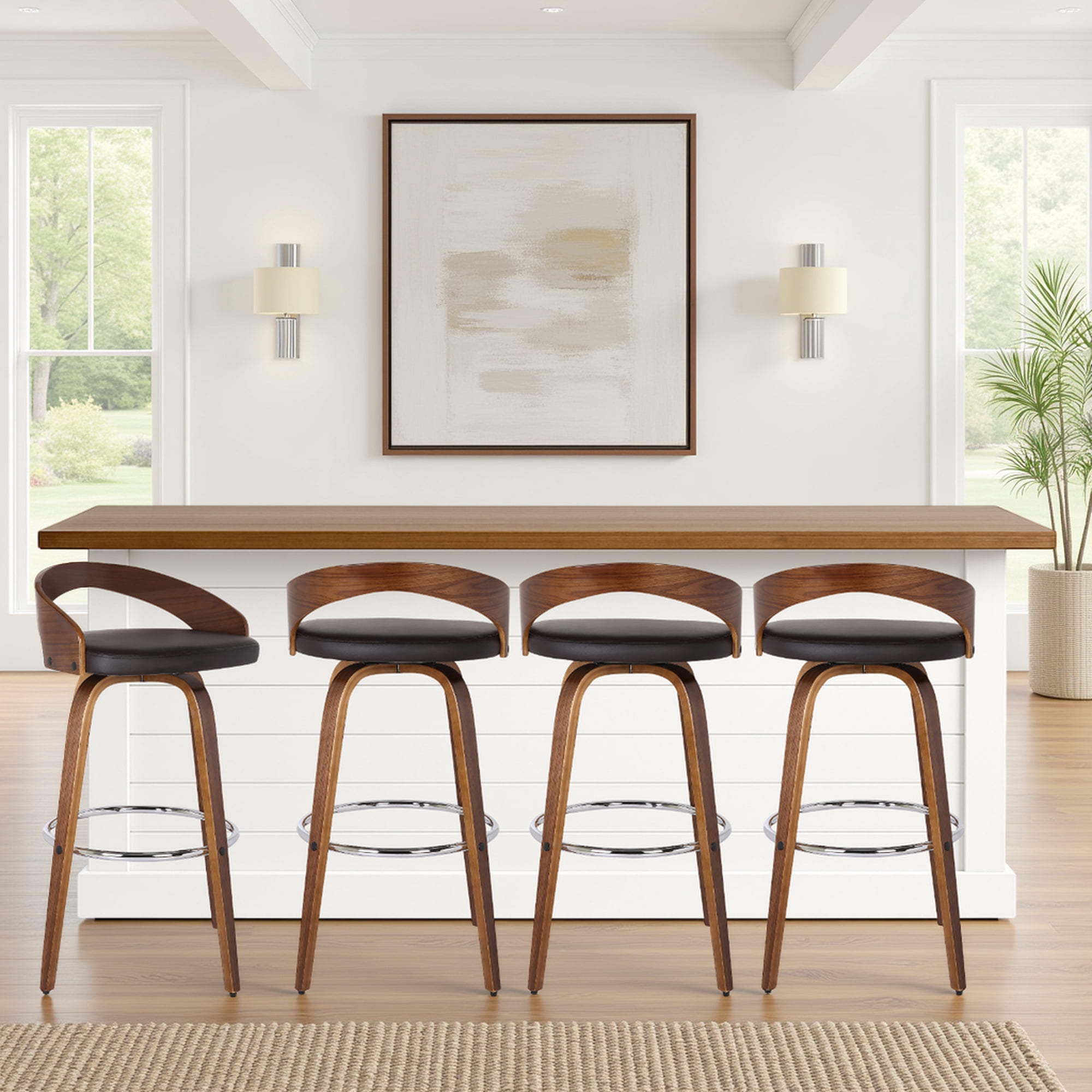 Sonia 30" Bar Height Swivel Brown Faux Leather and Walnut Wood Bar Stool - Set of 4