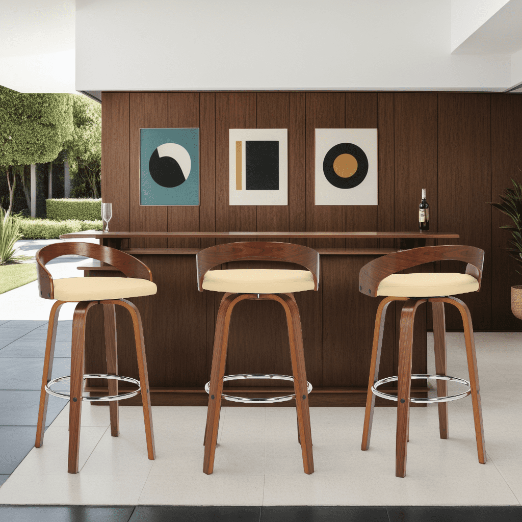 Sonia 30" Bar Height Swivel Cream Faux Leather and Walnut Wood Bar Stool - Set of 3