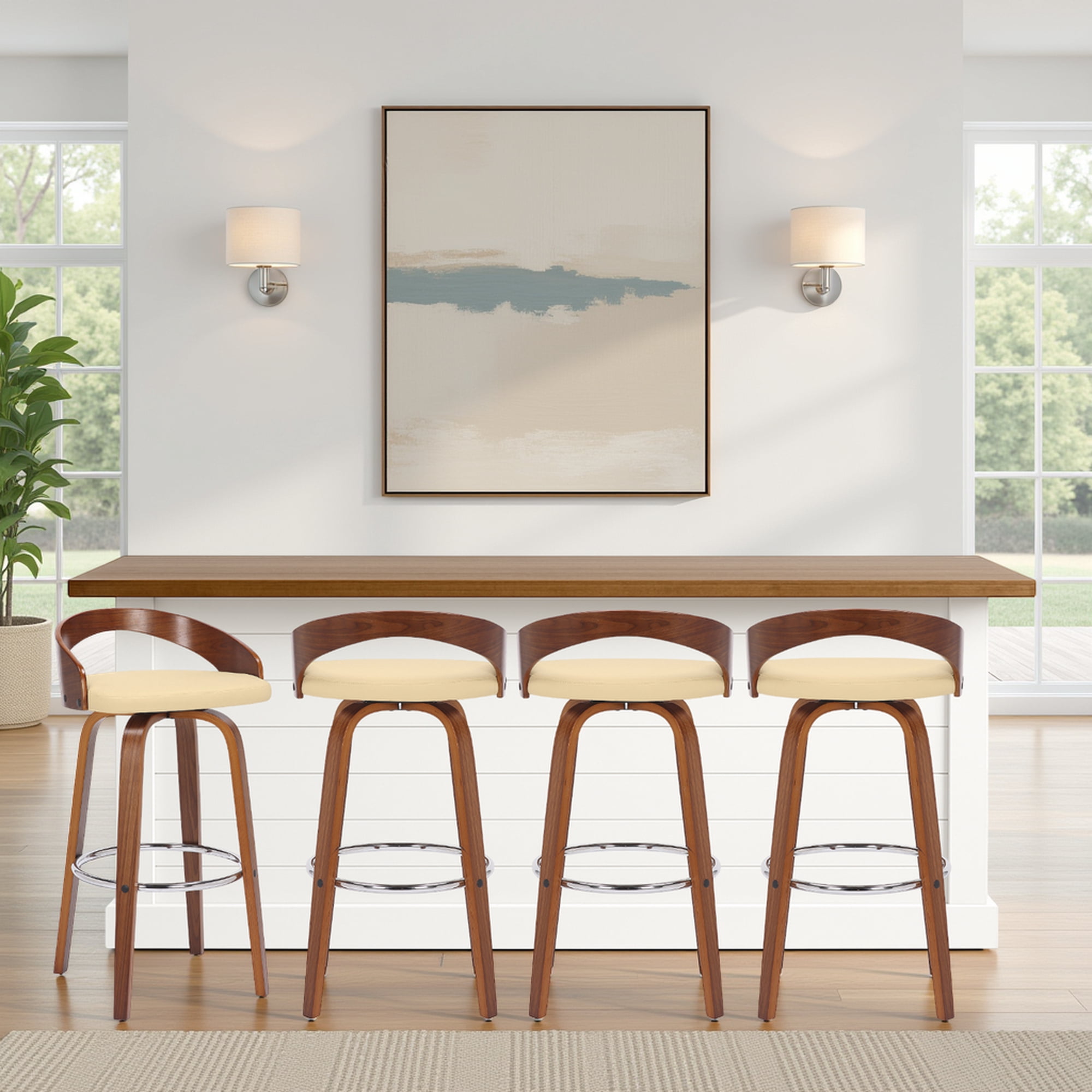 Sonia 30" Bar Height Swivel Cream Faux Leather and Walnut Wood Bar Stool - Set of 4