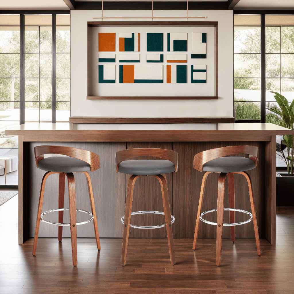 Sonia 30" Bar Height Swivel Gray Faux Leather and Walnut Wood Bar Stool - Set of 3
