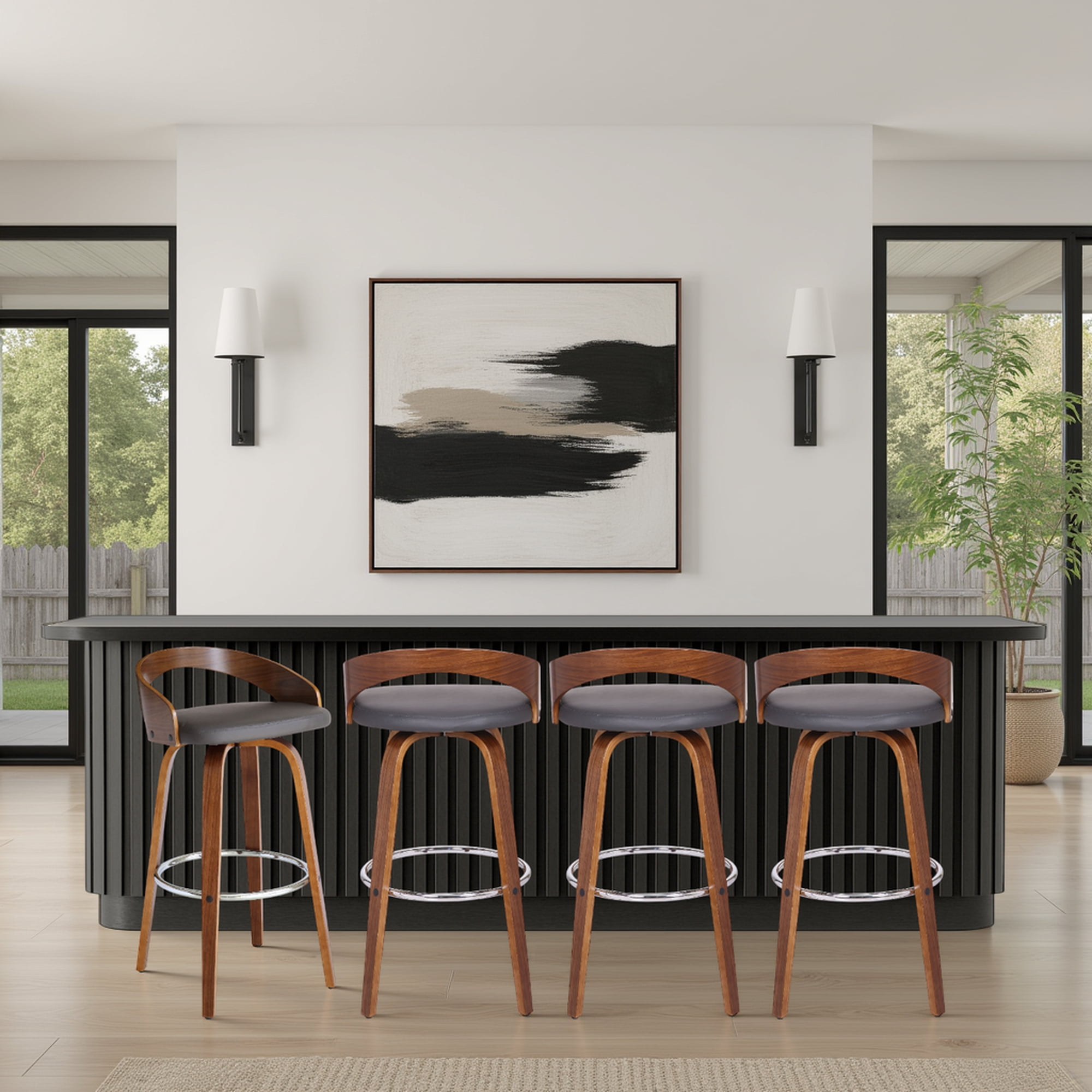 Sonia 30" Bar Height Swivel Gray Faux Leather and Walnut Wood Bar Stool - Set of 4