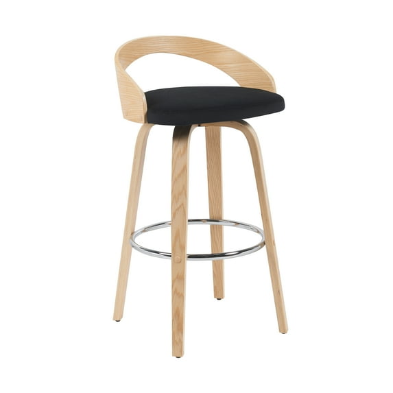 Sonia Modern Swivel Bar Height Stool with Black Upholstered Seat and Patterned Oak Wood Finish