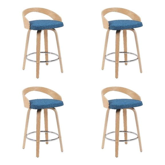 Sonia Swivel Counter Height Bar Stool with Blue Seat & Oak Wood- Set of 4