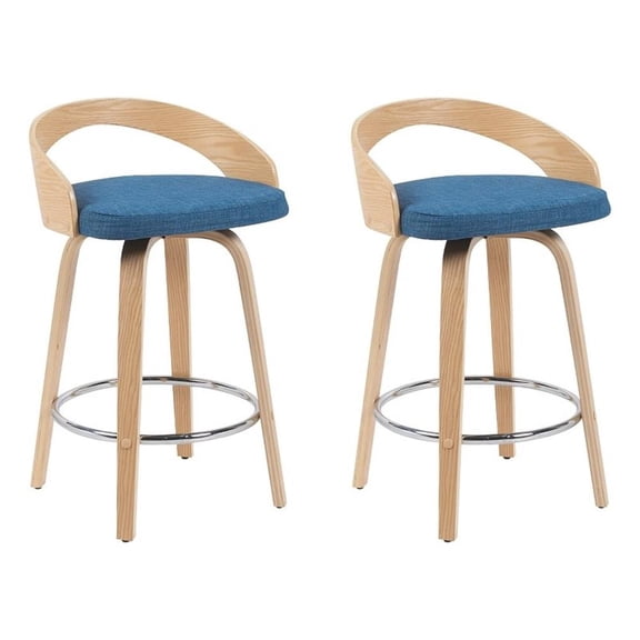Sonia Swivel Counter Height Bar Stool with Blue Seat and Oak Wood- Set of 2