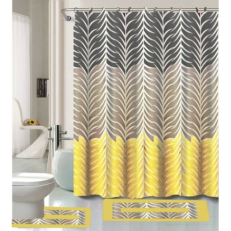 Sonia Yellow & Gray Multi-Tone 16-Piece Bathroom Accessory Set: 2 Bath Mats, Shower Curtain & 12 Fabric Covered Rings
