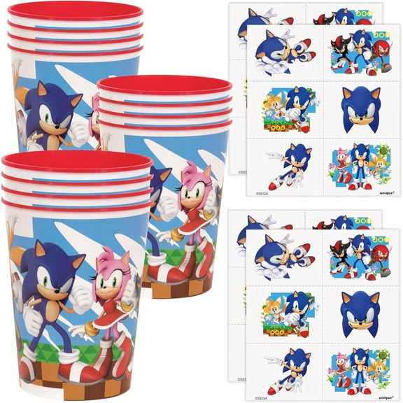Sonic 12 Count Plastic Reusable Favor Cups with 24 Tattoos - Sonic Birthday Party Decorations and Supplies, Goodie Bag Favors - Officially Licensed