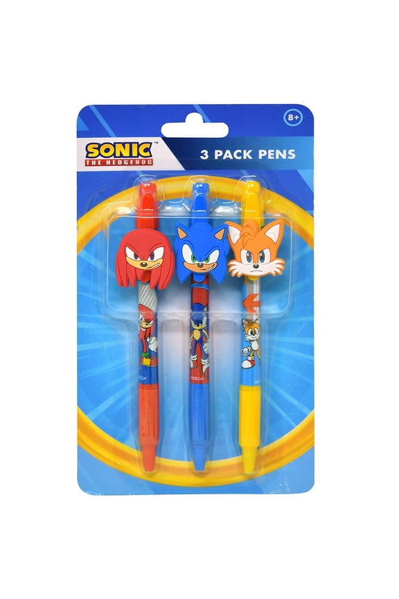 Sonic 3pk Pens with Rubber Character Clip on Card