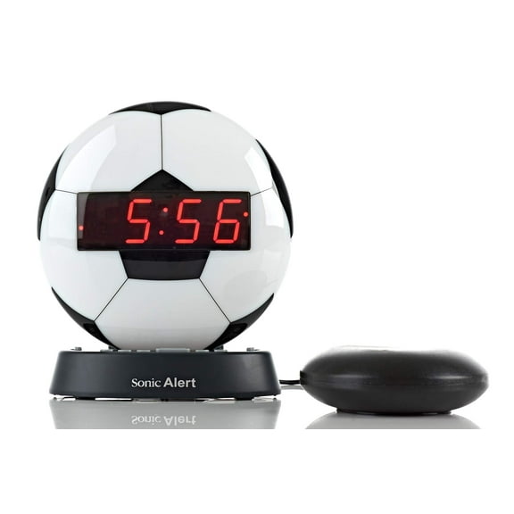 Sonic Alert - Glow Night Light Soccer Ball Alarm Clock with Bed Shaker and Digital Display - White & Black