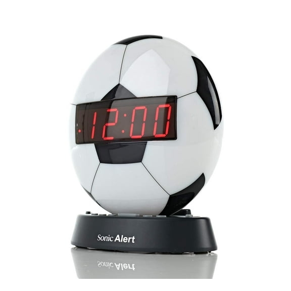 Sonic Alert - Glow Night Light Soccer Ball Alarm Clock with Recordable Alarm and Digital Display - White & Black