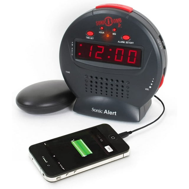 Sonic Alert Grey/Red Sonic Bomb Junior Alarm Clock with Bed Shaker