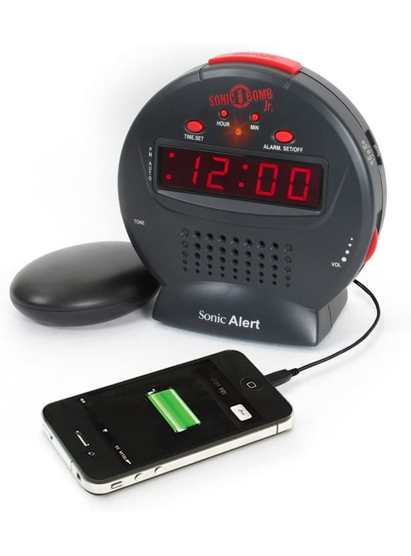Sonic Alert Grey/Red Sonic Bomb Junior Alarm Clock with Bed Shaker - Vibrating Alarm Clock for Heavy Sleepers