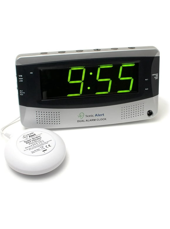Sonic Alert - Sonic Bomb Dual Alarm Clock, Bed Shaker Vibrator with Large Digital Display - Silver