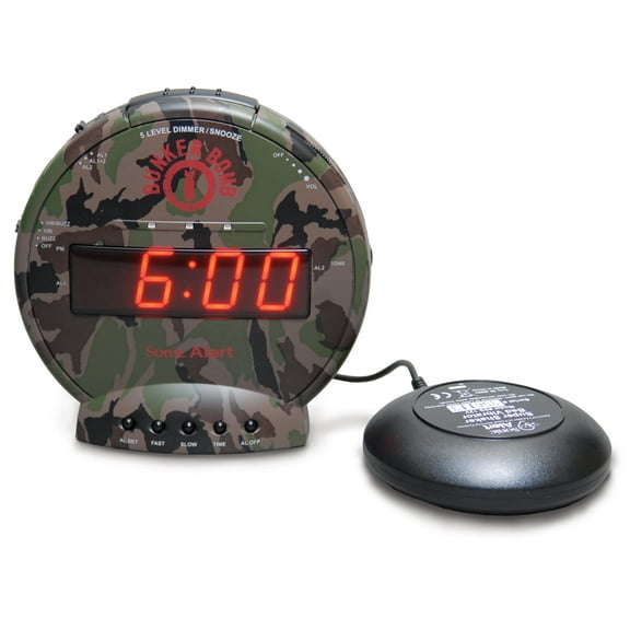 Sonic Bomb Dual Extra Loud Alarm Clock with Bed Shaker, Green Camo | Sonic Alert Vibrating, Heavy Sleepers, Battery Backup | Wake with a Shake