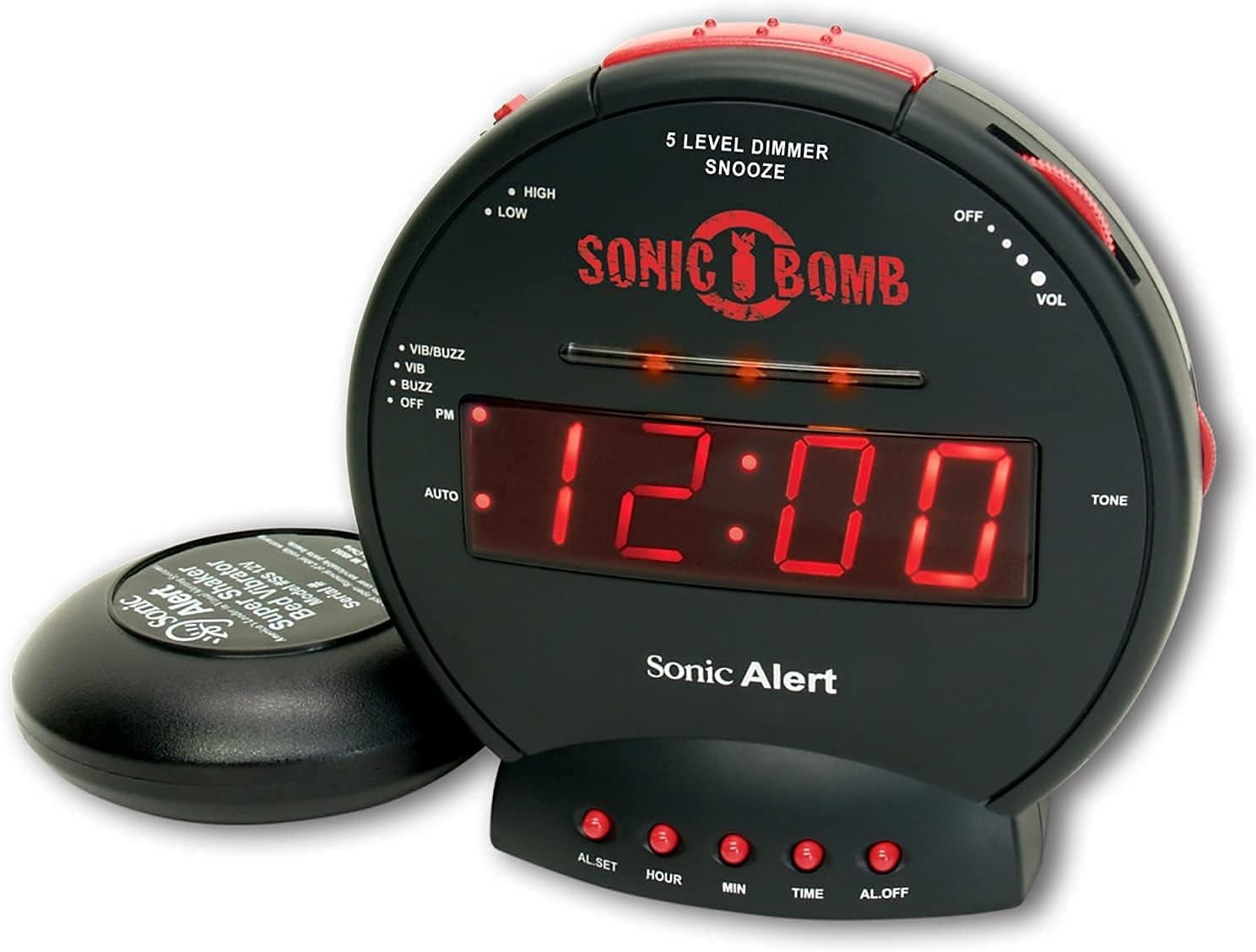 Sonic Alert - Sonic Bomb Dual Alarm Clock with Bed Shaker Vibrator and Digital Display - Black & Red