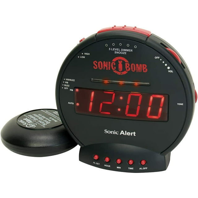 Sonic Alert - Sonic Bomb Dual Alarm Clock with Bed Shaker Vibrator and Digital Display - Black & Red