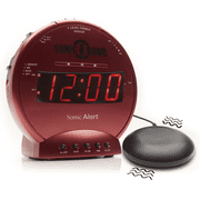 Sonic Bomb Dual Extra Loud Alarm Clock with Bed Shaker, Red | Sonic Alert Vibrating, Heavy Sleepers, Battery Backup | Wake with a Shake