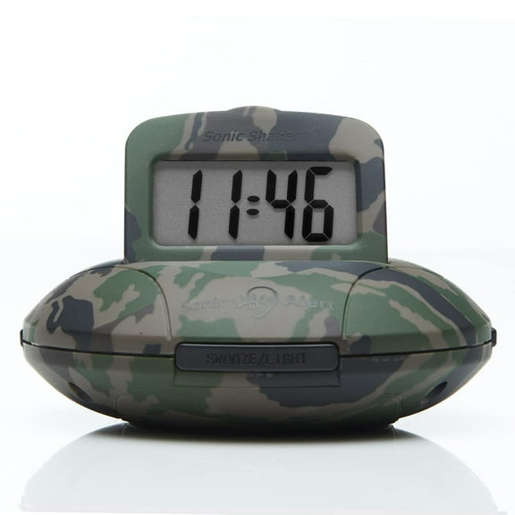 Sonic Alert - Sonic Shaker Portable Super Loud Digital Alarm Clock for Heavy Sleepers, Compact Design, Camouflage