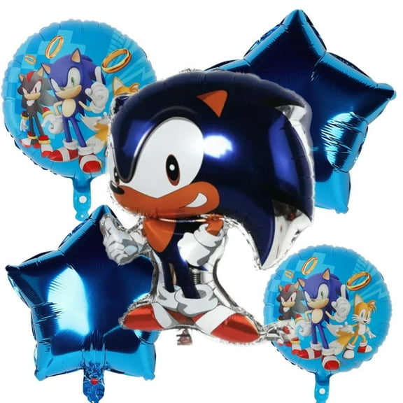 Sonic Balloon Bouquet (5pcs) - 28 Inch Mylar, Blue Stars, Character Rounds, Sonic Party Decor