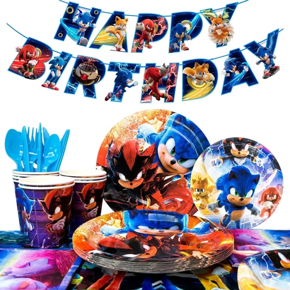 Sonic Birthday Party Decoration Tableware Set, Sonic Party Supplies Tableware includes Sonic Tablecloth Banner Plates Napkins Cups Suitable For Sonic Birthday Party Decoration,Serves 16