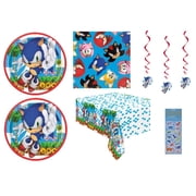 Sonic Birthday Party Supplies Bundle Pack includes 16 Paper Plates, 16 Napkins, 1 Table Cover, 3 Hanging Swirl Decorations - Bundle for 16