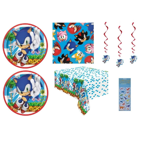 Sonic Birthday Party Supplies Bundle Pack includes 16 Paper Plates, 16 Napkins, 1 Table Cover, 3 Hanging Swirl Decorations - Bundle for 16