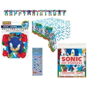 Sonic Birthday Party Supplies Bundle includes 1 Happy Birthday Banner 6.25ft Long, 1 Plastic Table Cover 54" x 84", 1 Dinosaur Sticker Sheet