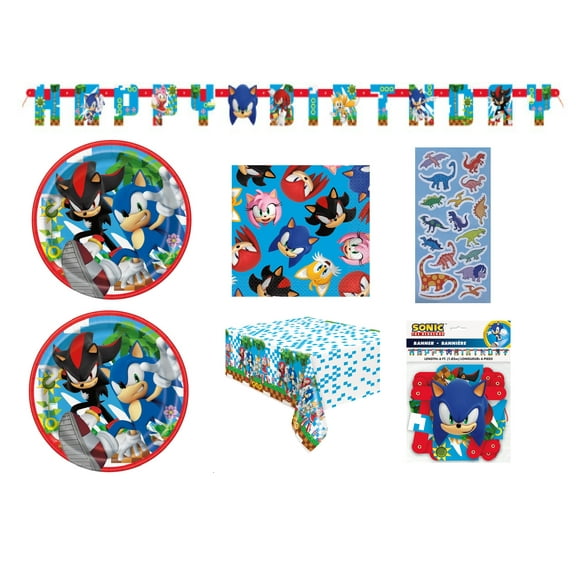Sonic Birthday Party Supplies Bundle includes 16 Dessert Cake Paper Plates 7", 16 Paper Napkins 6.5", 1 Plastic Table Cover 54" x 84", 1 Banner 6.25 feet, 1 Dinosaur Sticker Sheet