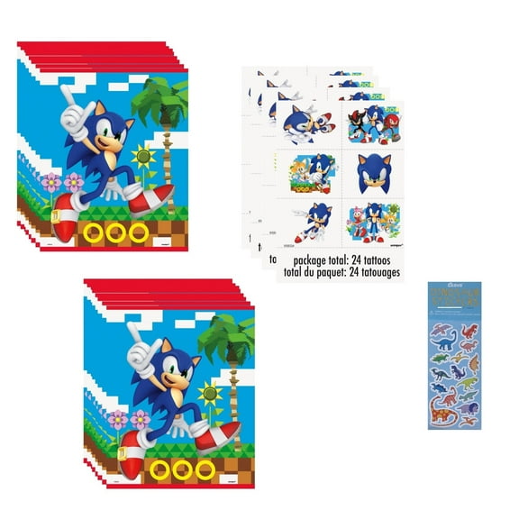 Sonic Birthday Party Supplies Bundle includes 16 Plastic Loot Bags, 24 Tattoos, 1 Dinosaur Sticker Sheet
