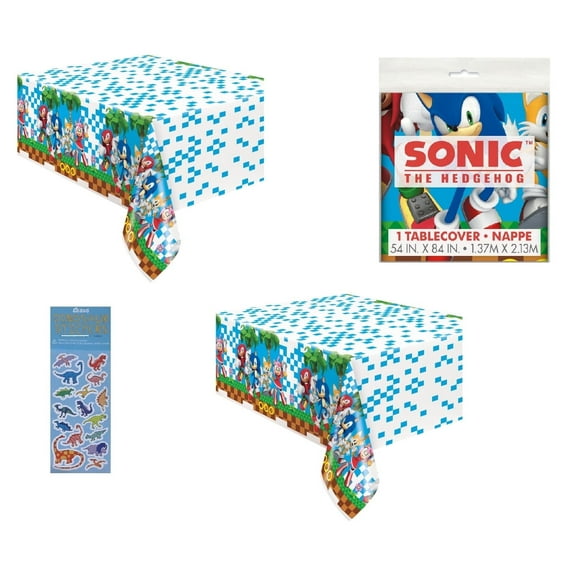 Sonic Birthday Party Supplies Bundle includes 2 Plastic Table Cover 54" x 84" and 1 Dinosaur Sticker Sheet