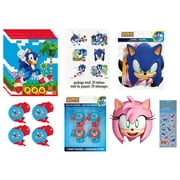 Sonic Birthday Party Supplies Bundle includes 8 Plastic Loot Bags, 8 Disc Shooters, 8 Party Paper Masks, 24 Tattoos, 1 Dinosaur Sticker Sheet