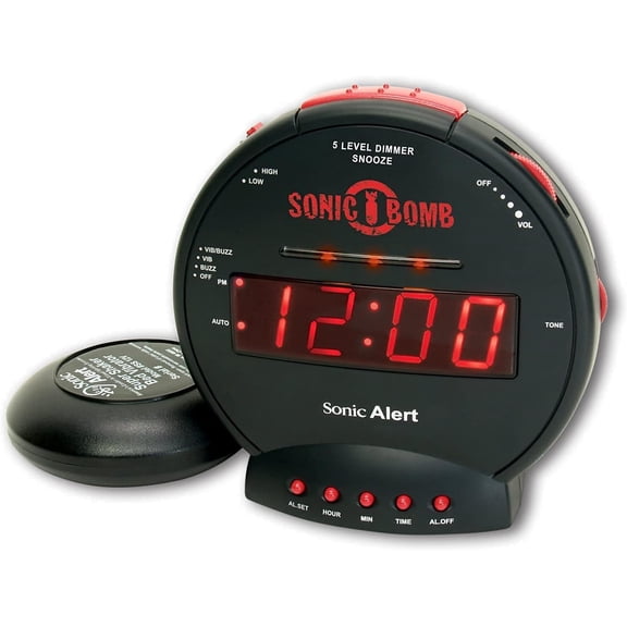 Sonic Bomb Dual Extra Loud Alarm Clock with Bed Shaker, Black | Alert Vibrating, Heavy Sleepers, Battery Backup Wake a Shake