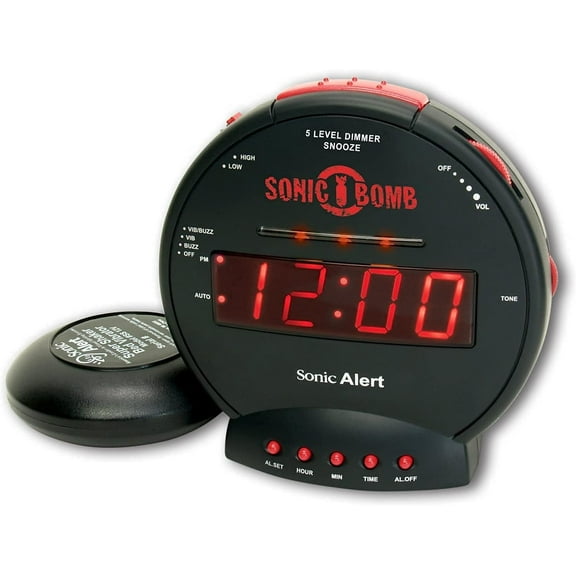 Sonic Bomb Dual Extra Loud Alarm Clock with Bed Shaker, Black | Vibrating Alarm Clock Heavy Sleepers, Battery Backup | Wake with a Shake