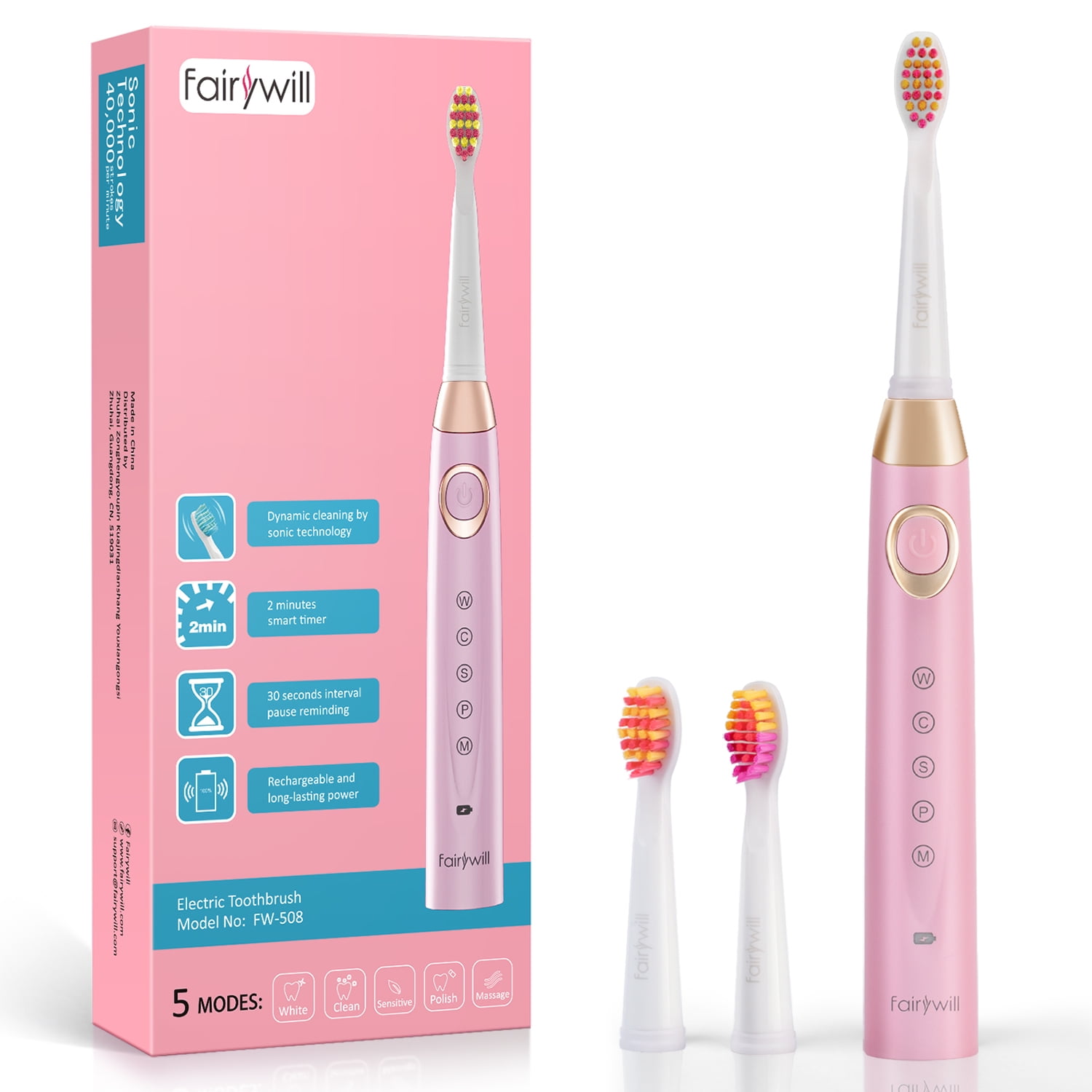 Sonic Electric Toothbrush Rechargeable Pink, 5 Modes with Smart Timer