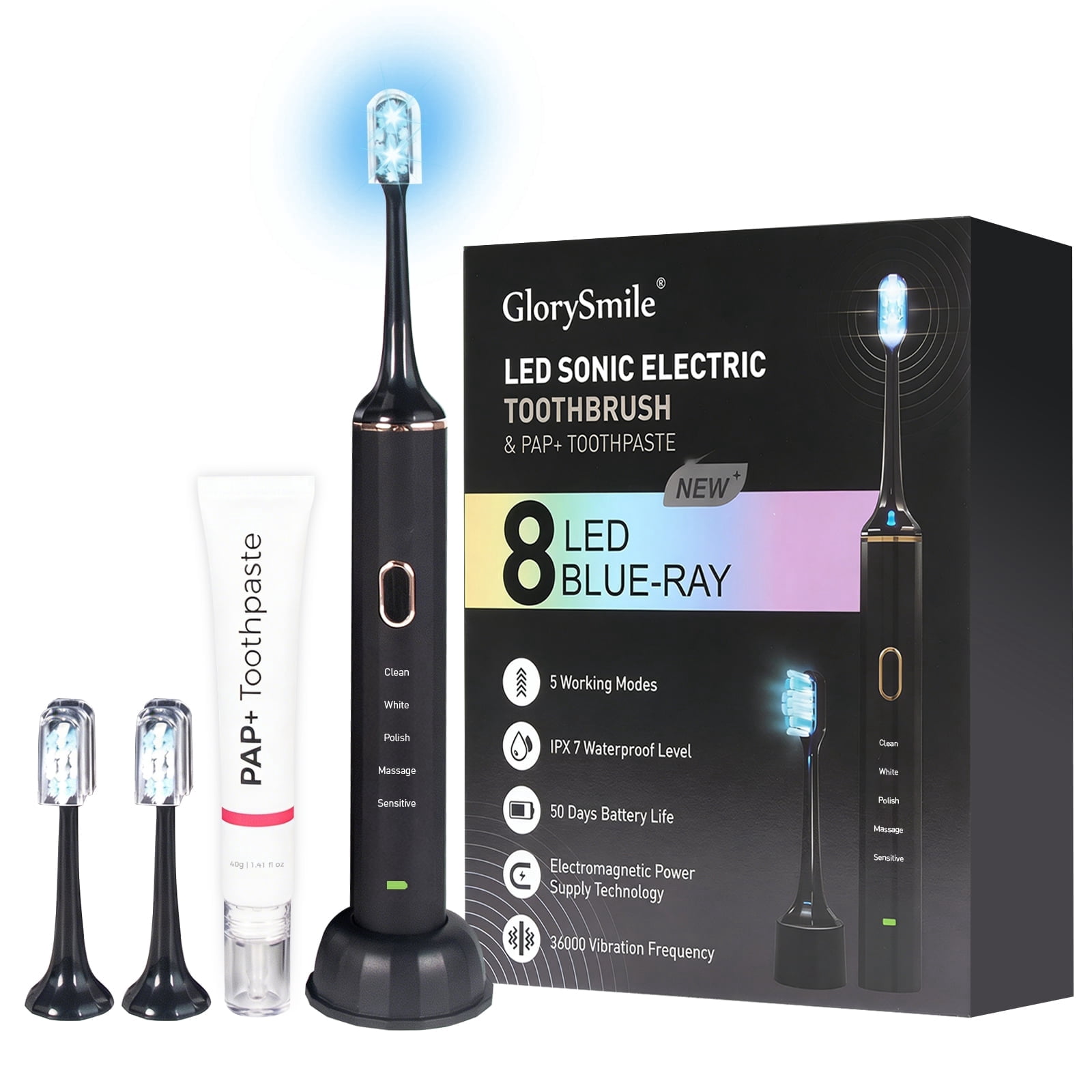 Triple Whitening Sonic Toothbrush and PAP+ Toothpaste Kit | 8 Blue LED | 5 Modes | IPX7 Waterproof | 50-Day Battery | Wireless Charging | Black