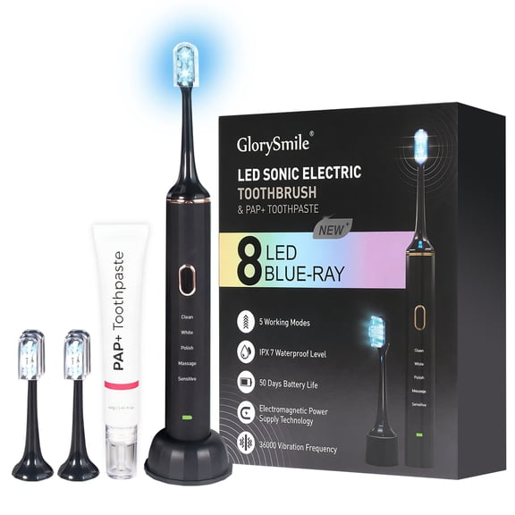 Sonic Electric Toothbrush with Whitening Toothpaste, 8 LED Blue Light 313 W/m High Intensity, PAP+ Dual Whitening, 5 Cleaning Modes, IPX7 Waterproof