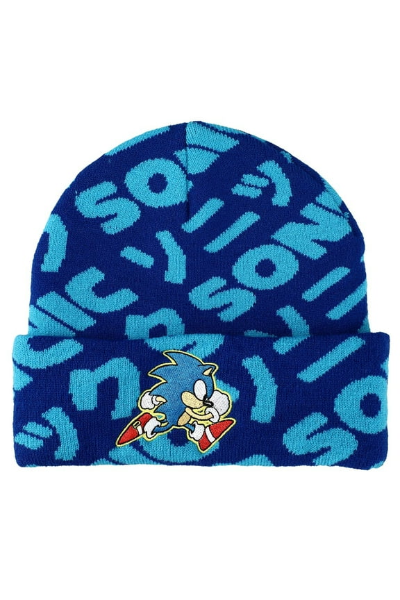 Sonic Flat Embroidery Blue AOP Jacquard Acrylic Knit Beanie