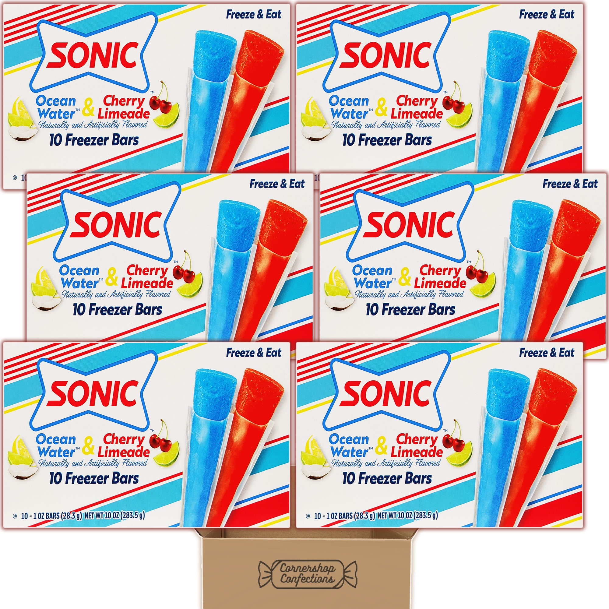 Sonic Freezer Pops 60 Count Assorted Variety Pack - 6 Boxes of 10 Pops Each - Ocean Water and Cherry Limeade - Summer, 4th of July, Sports, Cooler Snack in Cornershop Confections Pack