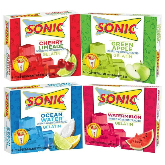 Sonic Gelatin Green Apple, Watermelon, Ocean Wave, Cherry Limeade 3.94oz Pack of 4