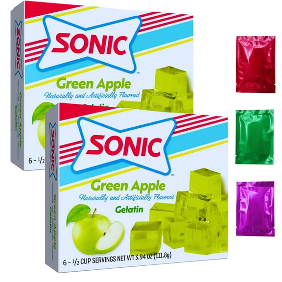 Sonic Green Apple Gelatin Mix, 3.94oz (2 Boxes, 12 Servings) Fruity Flavored Jello Fat-Free Easy-to-Prepare Snacks Holiday Gift Christmas Party Treat Gourmet Dessert with Bonus Snoep in Beperkte Oplag