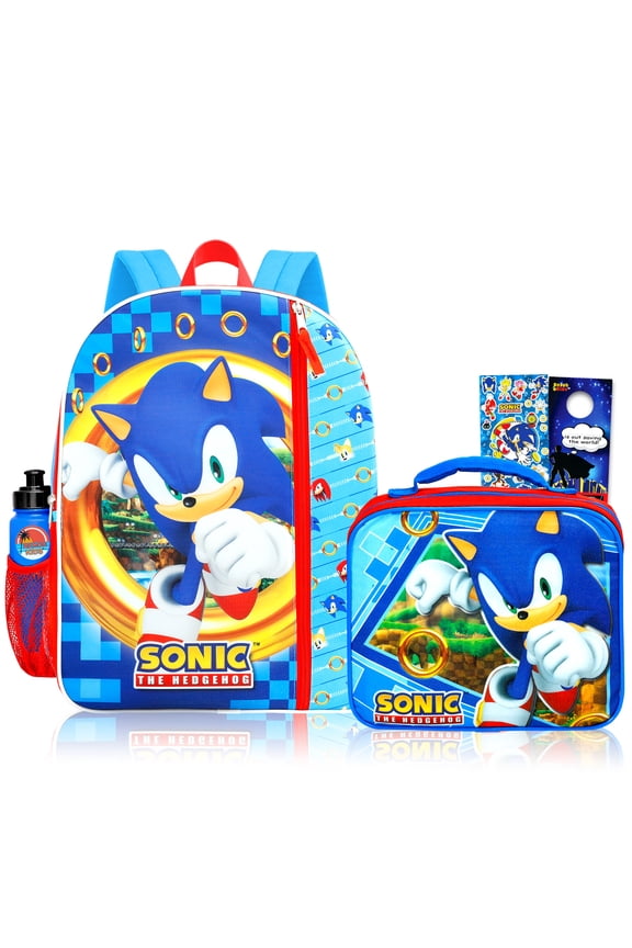 Backpack and Lunch Bag Set - Bundle with 16" School Backpack, Lunch Box, Water Bottle, Stickers, and More | Sonic School Bag with Lunchbox for Boys, Kids