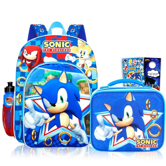 Sonic the Hedgehog Backpack with Lunch Box Set - Bundle with 16" Backpack, Lunch Bag, Water Bottle, Stickers, and More | Sonic School Bag with Lunchbox for Kids