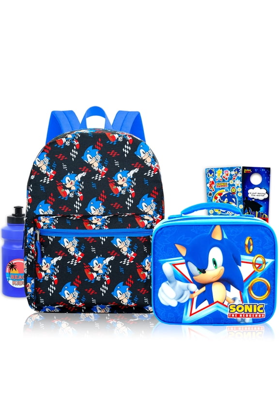 Backpack with Lunchbox Set - Bundle with 16" Backpack, Lunch Box, Water Bottle, Stickers, and More | Sonic School Bag with Lunchbox for Kids, Boys