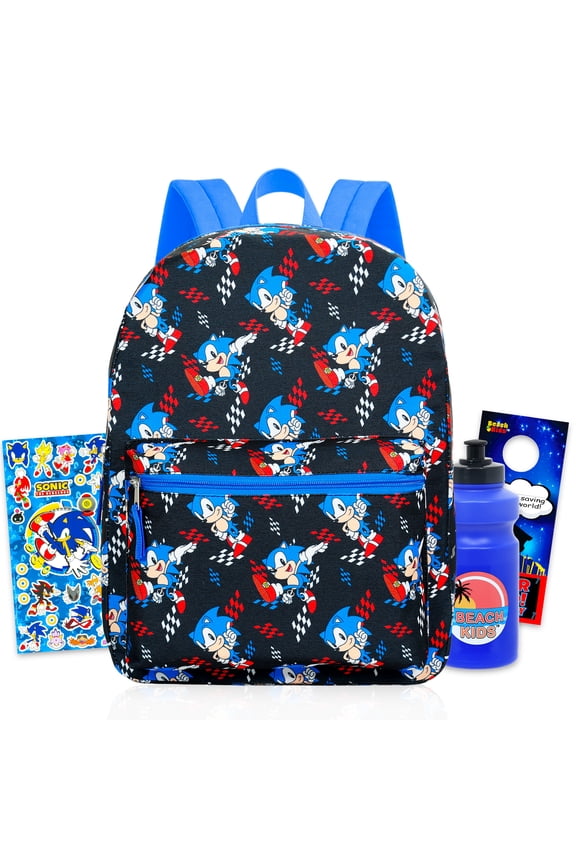 Backpack Set - Bundle with 16" Sonic School Bag Plus Stickers, Water Bottle, More | Sonic the Hedgehog School Backpack for Kids, Boys